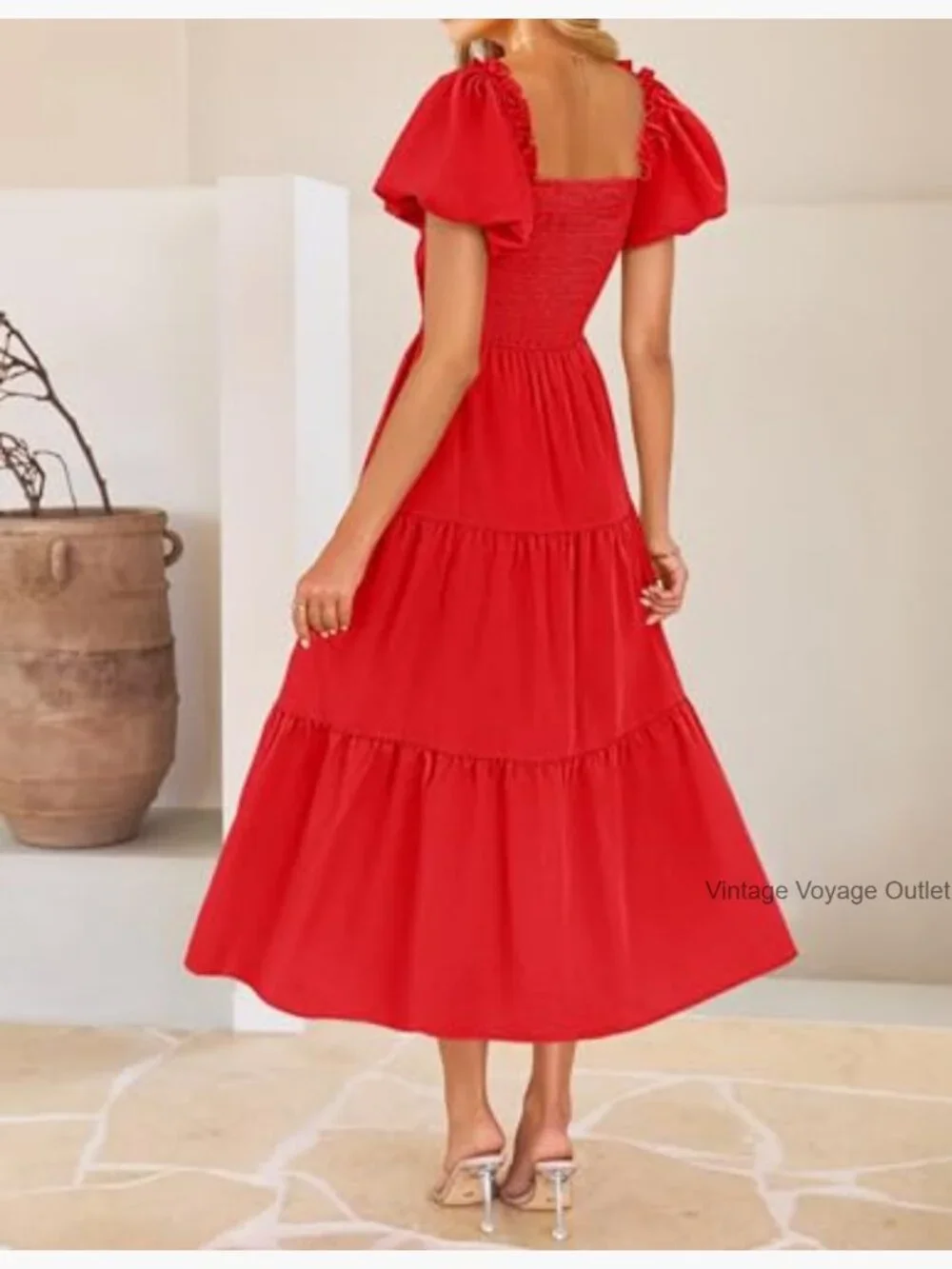 Flowy High Waist A-Line Maxi Dress with Short Puff Sleeves - Picture 5 of 7